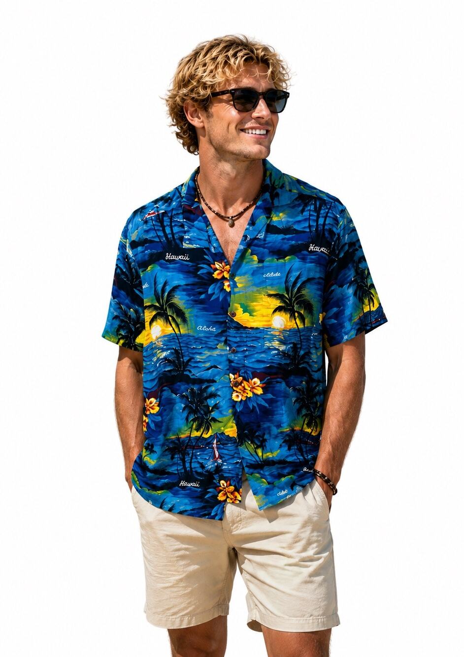 ALOHA HUT Blue Yellow Vintage Hawaiian Mens Button Down Ocean View Shirt sz L